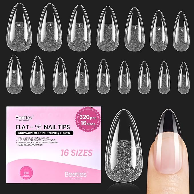 Beetles Gel Nail Tips Flat-X - Almond Medium, 320pcs 16 Sizes, Pre-Etched Half Matte Full Cover Soft Acrylic Press on False Nail Extension Tips Easy DIY Salon for Flat & Natural Nail Beds