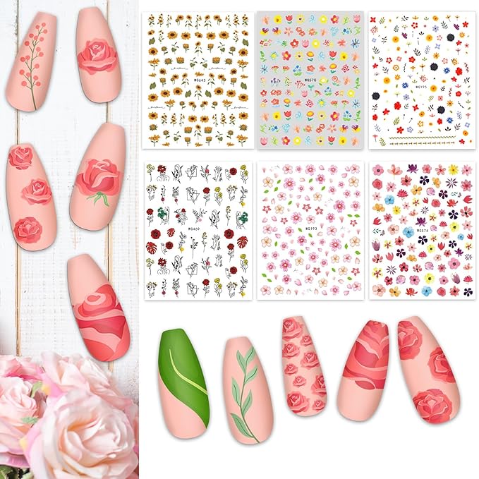 Whaline 18 Sheets Floral Butterfly Nail Art Stickers Daisy Flower Blossom Sunflower Bee Assorted Colorful Decorative Self-Adhesive Nail Decals for Spring Summer DIY Manicure Party Decor