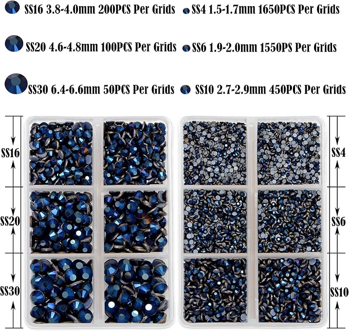 NCB Hotfix Iron on 8000pcs Crystal Rhinestones Round Gem for Crafts Decoration DIY Jewelry Making with a Tweezers and 2 Picking pens (Mine Blue, 6Sizes SS4-SS30)