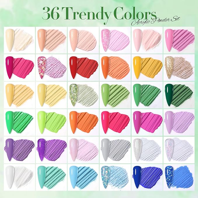 Born Pretty Acrylic Powder Set 36 Colors Spring Summer Acrylic Nail Powder Nude Pink Red Green Blue Purple Yellow Professional Polymer 3D Nail Art Kit for French Extension Carving Valentines Day Gift