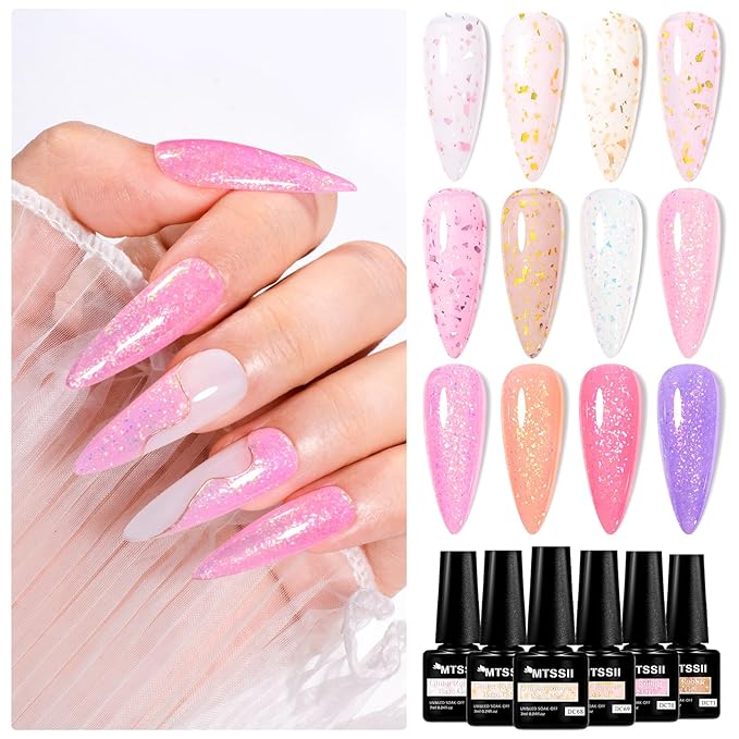 MTSSII 12 Colors Rubber Base Gel Set, Jelly Builder Gel Nude Sheer White Pink Purple Gold Foil Cloud-pattern Brocade 2-in-1 Soak Off Base Nail Strengthener Kit