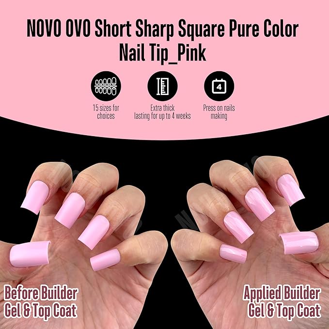 NOVO OVO Short Sharp Square Nail Tips Press on Pure Color Pink, Need Builder Gel Top Coat Nail Glue, Soft Gel Matte Fake Nail Extension, Full Cover False Nails for Salon DIY x 15 Sizes 180 pcs