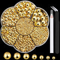 Nail Art Flat Back Half Round Pearl Kits 11, 1 Box of 6000 Pcs Flat-Back Gold Pearl with Tweezer and Picker Pencil for Home DIY Nails Body Face Craft and Salon Use