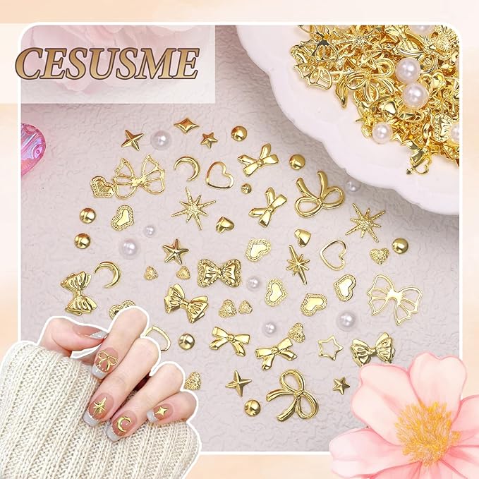 Gold Nail Charms Pearls, Heart Bow Nail Art Charms, Metal Cross Star Moon Nails Studs, Half Round Flatback Nail Pearls Charms, Caviar Nails Beads Charms for Nails Design DIY Craft