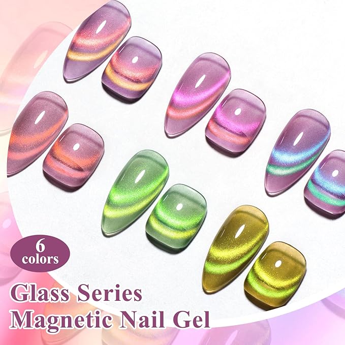 MTSSII Cat Eye Gel Nail Polish Glass Series Magnetic Nail Gel Rainbow Jelly Cateye Pink Purple Translucent UV/LED Nail Polish Nail Art Gifts Set for Women