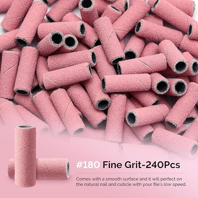 MelodySusie 240 Pcs Nail Drill Bits Small Sanding Bands for 3.1mm Mandrel Bit, 180 Fine Grit Nail File for Acrylic Nails Gel Manicures and Pedicure, Pink (Only Sanding Bands)
