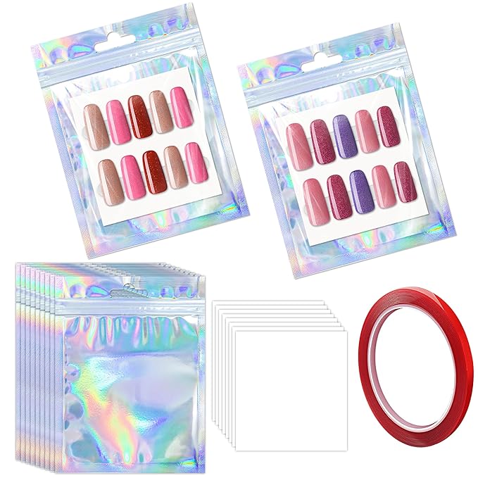 100 Sets Empty Press on Nail Packaging Including Holographic Bags White Card and Transparent Tape for Manicurist Small Business Office Home