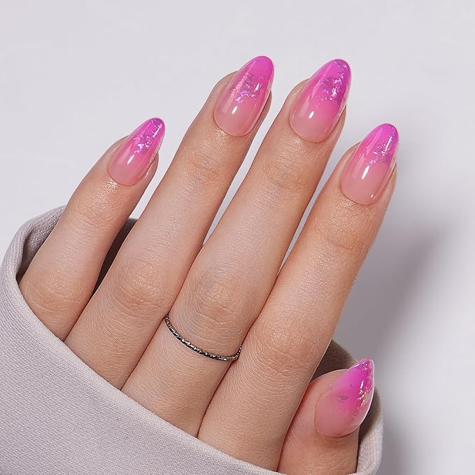VSALON Almond Short Press On Nails, Hot Pink Aurora Ombre Light Curable Sheer Jelly Finish False Nails, Reusable Gel Glue on Nails Kit with Glue - 32 pcs in 16 Sizes