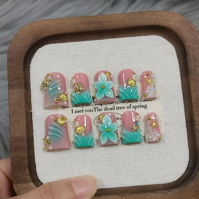 Duckbill Press on Nails - Ocean 3D Floral Teal Blushing Ombre Design | Icy Glossy Duck Fake Nails with Handmade Carving | Mermaid Y2K Style Glue on Nails for Resort Vacation(L)