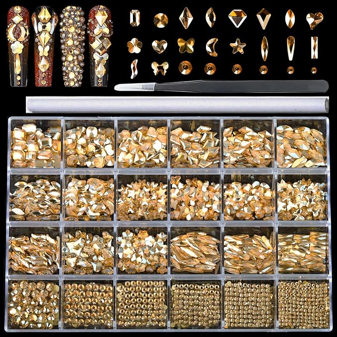 Champagne Nail Rhinestones Kit, 18 Types of 900 Special-Shaped Nail Diamonds + 3200 Flat-Bottomed Nail Rhinestones, 3D Nail Crystals DIY Crafts Gemstones for Nail