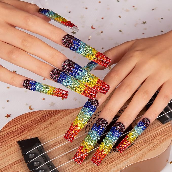 LOVFUL Press on Nails Rainbow | Handmade with Full Covered Crystals | Reusable Fake Nails | Square Long 2.2 in | H90-M