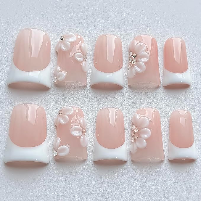 Luxury Press on Nails Short Duck Handmade 3D Unique Reusable ABS Material Fake Nails White French Tip False Nails with Designs Rhinestones Floral Glossy Glue on Nail Thick Acrylic Nail(M)