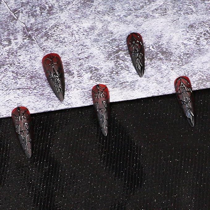 Gothic Press on Nails - Halloween Fake Nail | Dark Red Stiletto Acrylic Nails with 3D Stripe Designs,Reusable Stick on Nail for Women Girls| Halloween Manicure - 24Pcs