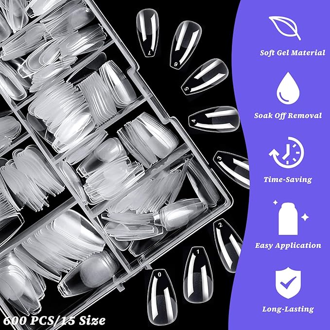 LoveOurHome 600pc Medium Coffin Nail Tips Clear Fake Nails Coffin Gel Nail Tips Full Cover Acrylic Nails Clear Press on Nails Medium False Nail 15 Sizes Fingernail for Gel Nail Tip Extension
