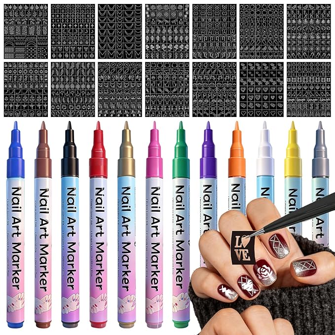 Nail Art Stencils Pens Set, 12 Nail Art Pens Markers + 14 Sheets Nail Stencils Heart Lips Flowers Nail Stickers for Women Girl, Nail Polish Pens for Nail Art Dotting Pen, DIY Nails Art Design Tools