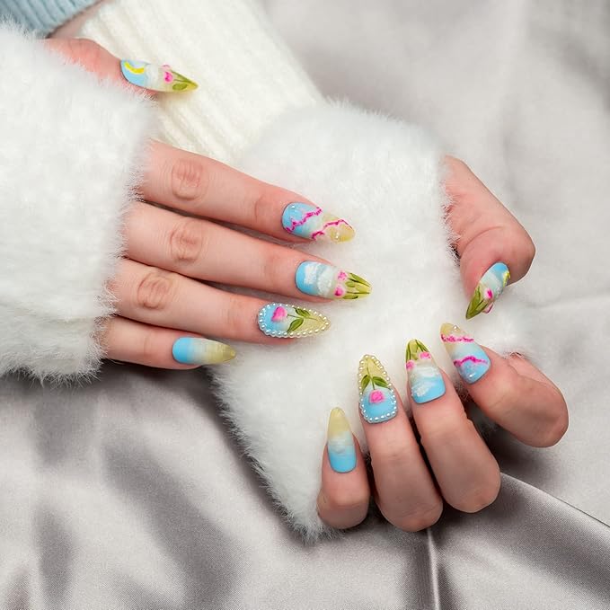 Sun&Beam Nails Handmade Medium Long Almond Blue White False Nail Tips with Cute 3D Flower Pearl Popular Charm Design Press On Nails 10 Pcs (#66 XS)