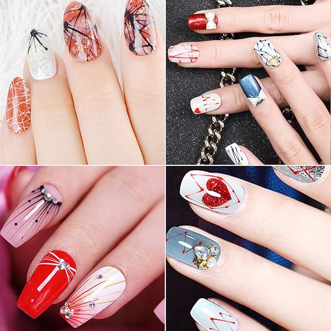 Vtrem 6 Colors 8ML Spider Gel Set with 5 PCs Double Ended Point Drill Drawing Brush Pen + Nail Rhinestones, Matrix Gel with Gel Paint Design Nail Art Kit Wire Drawing Nail Gel for Line