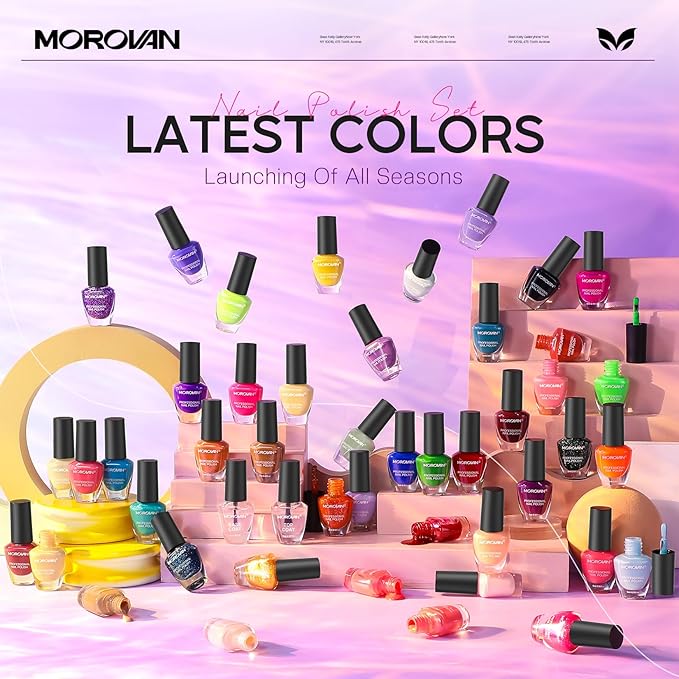 Morovan Nail Polish Set Fingernail: 48PC Air Quick Dry Nail Polish Kit with 2PC Base Top Coat Regular Nail Pack Finger Nail Bulk Gift for Women Girls