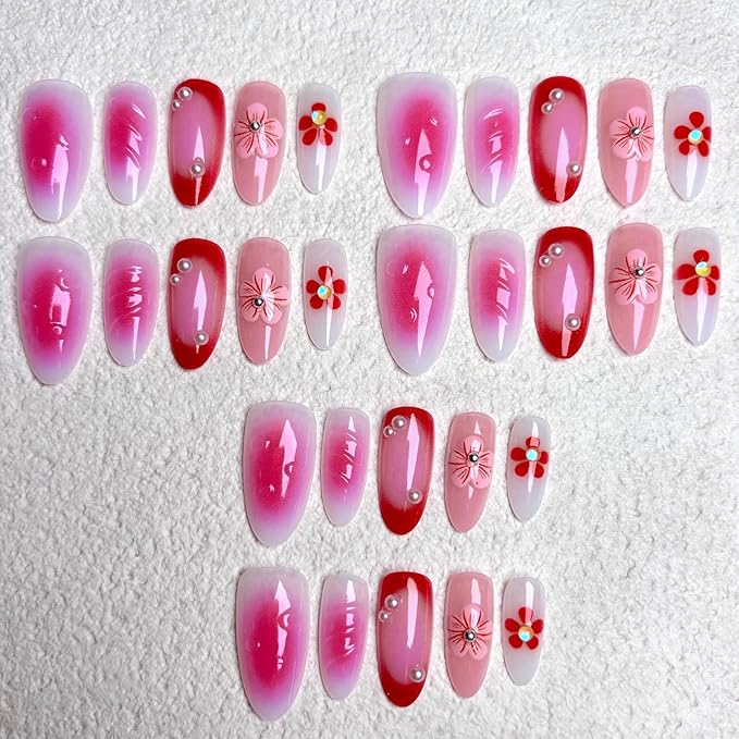Press on Nails Medium Almond, 30 Pcs Handmade 3D Pink Flowers Embossed Designs, Glossy Nude Fake Nails, Reusable Glue On Nails, Full Cover Acrylic Nails for Women