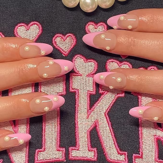 24 Pcs Press on Nails Medium Almond Nude Acrylic Fake Nails French Nails with Pink Nails Tip and Pearl Designs False Nails Spring Summer Stick on Nails for Women
