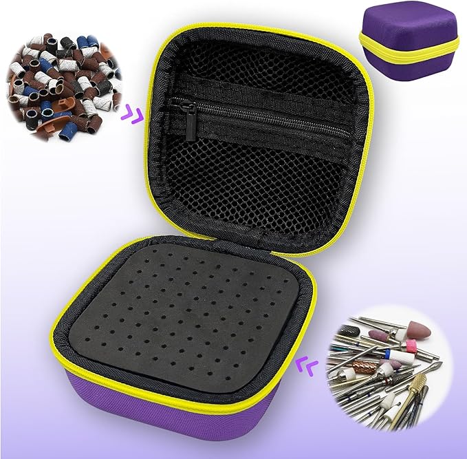 81 Holes Nail Drill Bit Holder, Nail Bits Display Container, Dustproof Portable Organizer Storage Bag, Efile Nail Bits Professional Manicure Tools, for Manicure Tools (ONLY CASE) (Purple+Yellow)