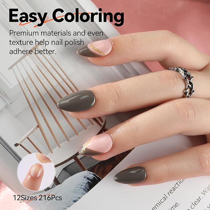 UNA GELLA Short Almond Nail Tips Pre-shape Short Almond Gel Nail Tips 216pcs Press on Nails 12 Sizes Soft Gel Acrylic Clear Fake Full Cover for Nails Extension Home DIY Salon