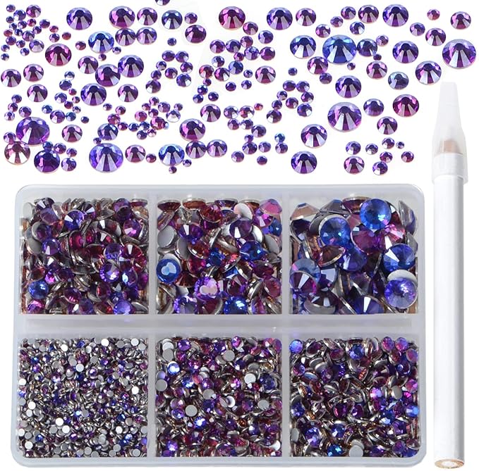 Bymitel 5000 Pieces 6 Mixed Sizes Glue Fix on Glass Rhinestones Round Crystal Gems Flatback for DIY Jewelry Making with one Picking Pen(6-Sizes 5000PCS, Purple Velvet)