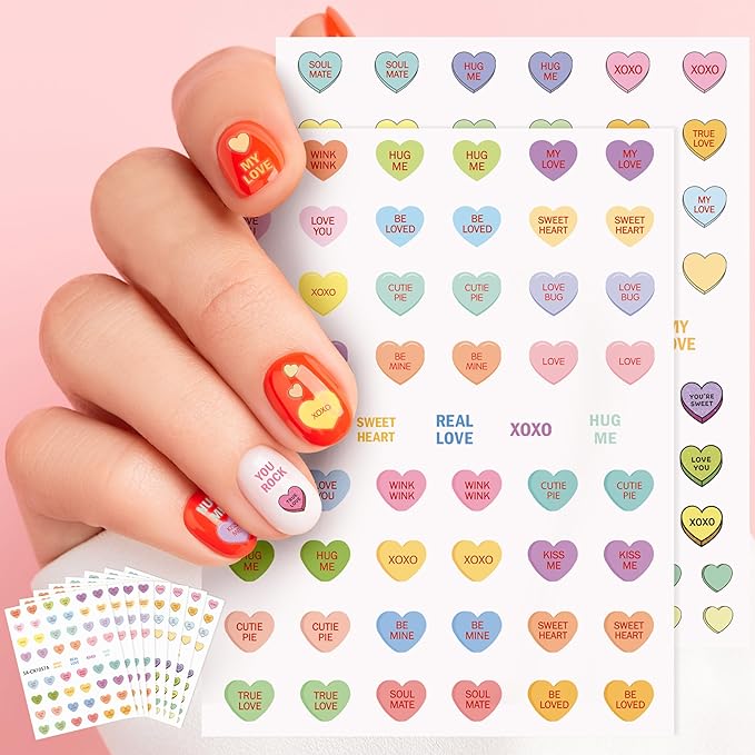 CNhoqc 8 Sheets Valentine’s Day Conversation Heart Candy Color Nail Sticker, Valentine’s Theme Colorful Nail Sticker with Sweet Words Hug Me Be Mine Cute Nail Decals for Girls DIY Manicure Supplies