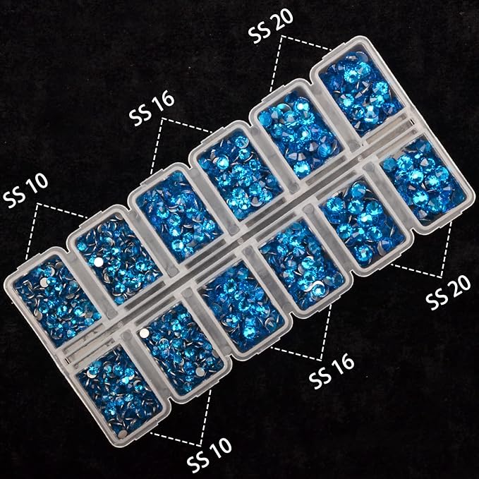 10000 Pieces Rhinestones 6 Sizes Round Crystal Glass Flat Back Rhinestones with 1Tweezers and 1Picking Pen for Nail Art Crafts Clothes Bags DIY (Blue Zircon)