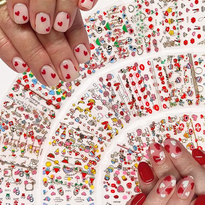 30 Sheets Valentine's Day Nail Art Stickers 3D Self-Adhesive Red Heart Nail Decals Cute Rose Lip Kiss Nail Supplies DIY Acrylic Nails Decoration Accessories for Women