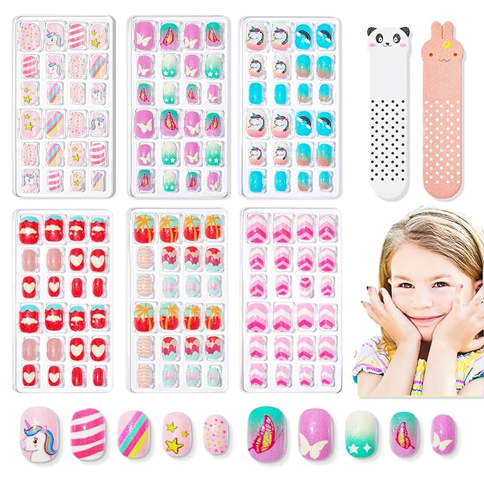 Modelones Press on Nails for Kids 144Pcs 6 Pack Children Acrylic Fake Nails Pre-glue Full Cover Glitter Color Butterfly Unicorn Short False Nail Kits Sets Thanksgiving Christmas Gifts for Girls