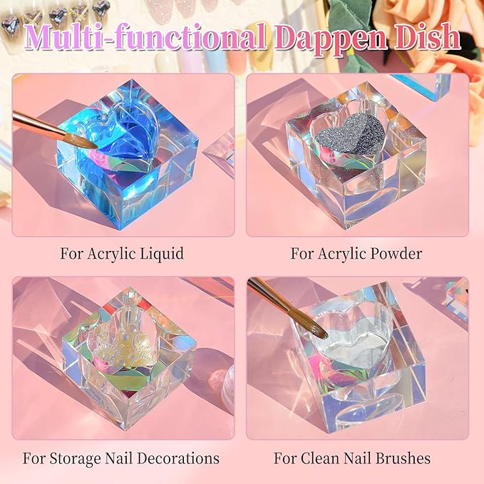 Nail Dappen Dish with Lid, Square Crystal Monomer Dish for Acrylic Nails, Monomer Holder Container for Holding Acrylic Liquid & Powder, Glass Crystal Cup for Acetone Nail Decor (Colorful)