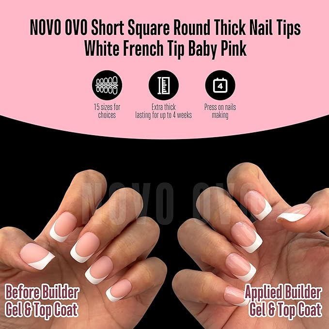 NOVO OVO Short Square Round White French Tip Nail Tips Press on BABY PINK, Extra Thick Full Cover False Fake Nails, Need Builder Gel Top Coat & Glue, for Salon DIY Acrylic Extension x 15 Sizes 240 pcs