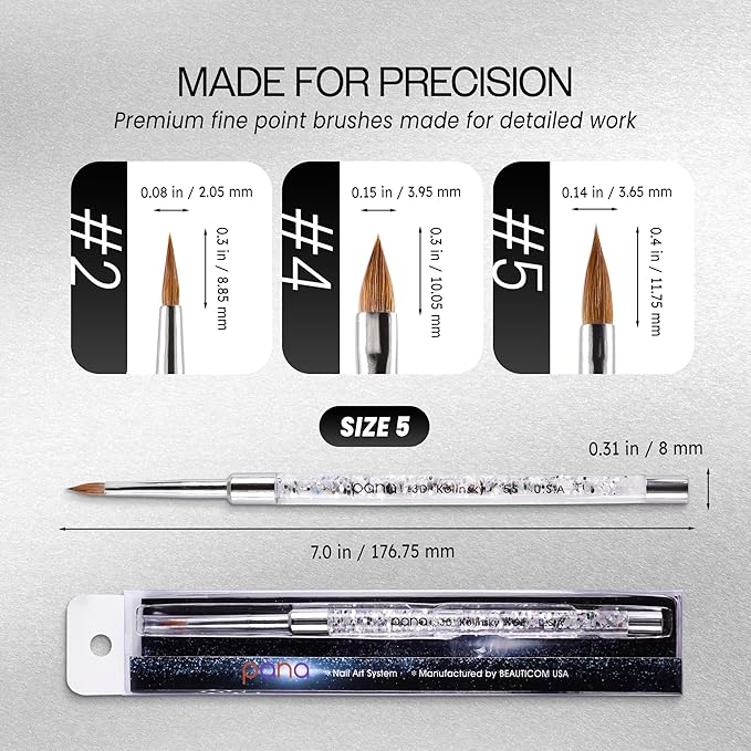 PANA 3D Kolinsky Nail Art Brush - Silver Glitter Handle, Size 5 - Acrylic Nail Art Sculpture Brush for Manicures Pedicure Salon Professional or Beginner