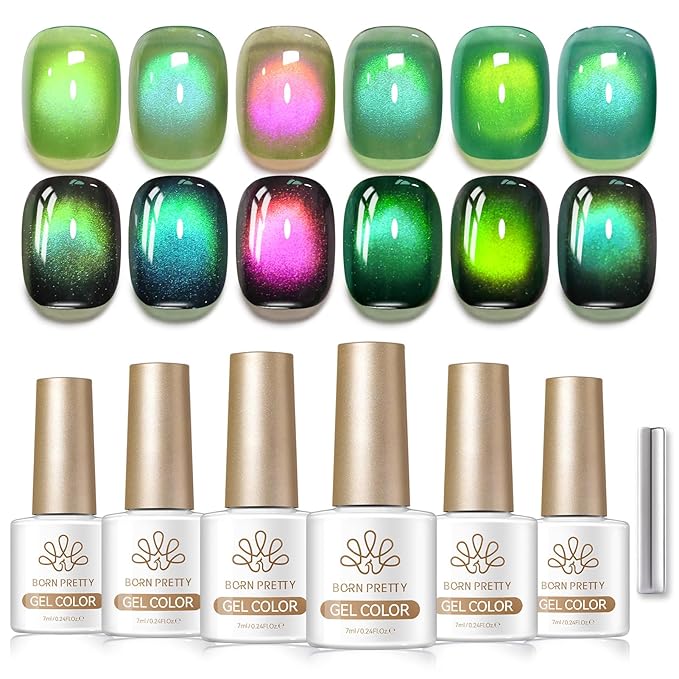 Born Pretty Spring Summer Green Cat Magnetic Eye Gel Nail Polish 6 Colors Shimmer Glitter Holographic Crystal Jelly Sage Olive Emerald Forest Green Translucent Magnetic Gel Polish