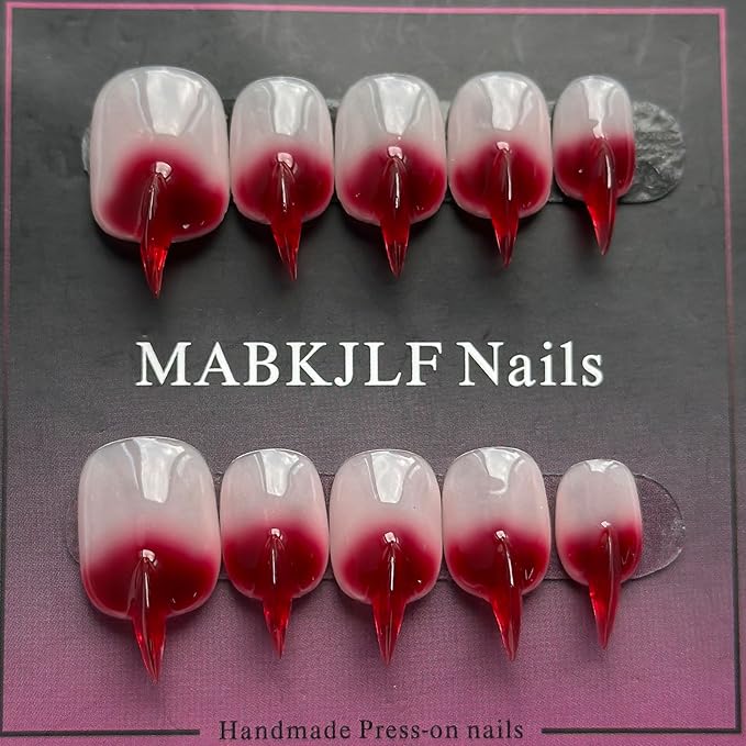 Halloween Press on Nails Luxury Short Stiletto Handmade Cat Claw Unique Reusable ABS Material Red Fake Nails Eagle Claw False Nails Gradient Glossy Glue on Nail Curved Thick Acrylic Nail(S)