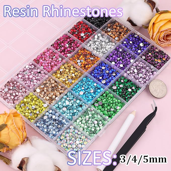 Resin Rhinestones for Bedazzling with Tweezers, 12000Pcs Multicolor 3/4/5mm Rhinestones for Crafting with B7000 Jewelry Glue for DIY Crafts Clothing Tumblers Shoes Fabric Nail Art