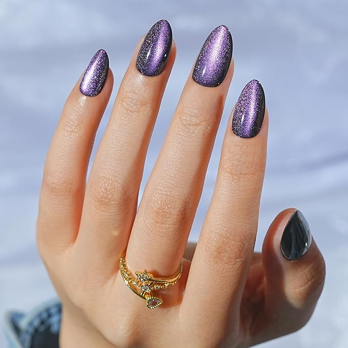Cat Eye Press on Nails Short, Jofay Fashion Stylish Purple Press on Nails Almond, Soft Gel Fake Nails, Reusable & Natural Acrylic False Nails, Stick on Nails for Women Gift, Glue on Nails Kit 32 Pcs