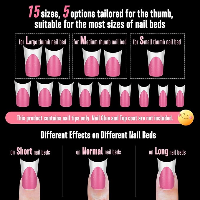 NOVO OVO Halloween Duck Nail White French Tips Press On ROSE PINK with Glitter, Full Cover Acrylic with Moon Curve, Medium Thick Pre-Etched Flare Wide Soft Gel False Nail Extension x 15 Sizes 150 pcs