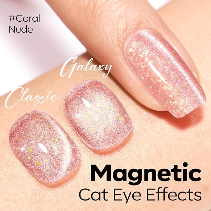 modelones Nude Cat Eye Pink Gel Polish 9D Cateye with Magnet Gold Glitter Gel Nail Polish Shimmer U V Soak Reflective Translucent Jelly Gel Magnetic Nail Polish 15 ML