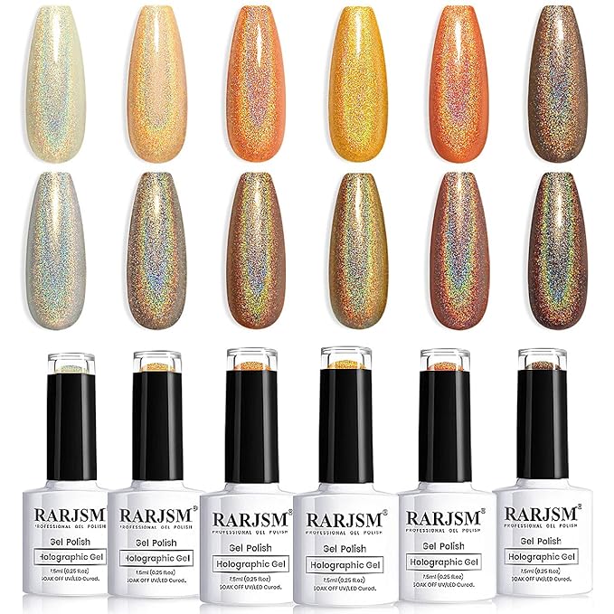 RARJSM Holographic Gel Nail Polish Set, Sunflower Collection Orange Yellow Gel Polish Summer Nail Colors 6PCS 7.5ML Soak Off UV LED Unicorn Mirror Laser Effect Nail GelPolish for Salon Home Manicure