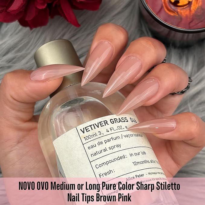 NOVO OVO Sharp Stiletto Nail Tips Press on Medium Long Pure Color Brown Pink, Pointed Soft Gel Fake Acrylic Extension, Full Cover False Nails for Salon DIY x 16 Sizes 224 pcs