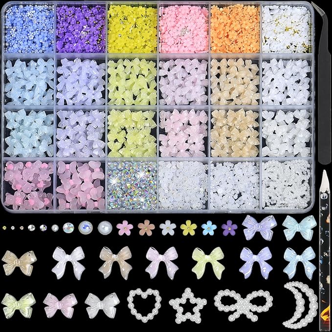 HNUIX Bow Nail Charms - 3D Multiple Colors, Bow-Knot, Flower, Pearls, Flat Back Rhinestones, with Kit, for Nail Art