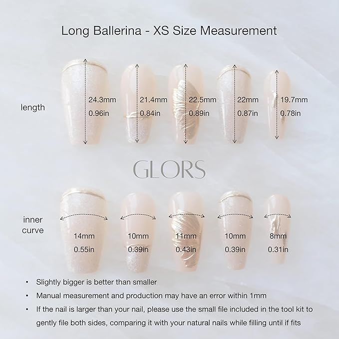 Press On Nails, Long Ballerina Style, Nude Pink with Gold Accents, 10 Pieces (XS,LB)