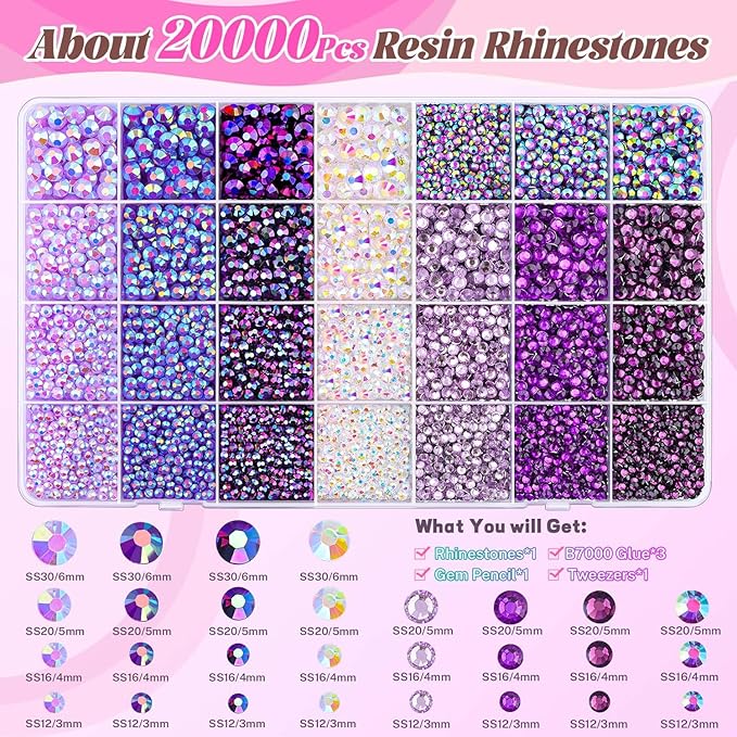 20000Pcs Purple Rhinestones for Bedazzling with 3Pcs B7000 Jewelry Glue, Resin Rhinestones for Crafting Crafts，Bedazzler Kit Flatback Gems for Clothing Shoes Tumblers Nail Art