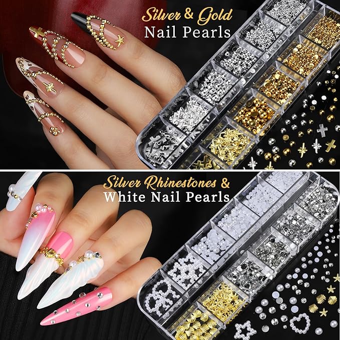 Teentior Nail Charms Nail Stickers with Nail Gems Kit, 8 Boxes Nail Art Rhinestones Gold Rhinestones for Nails, Nail Charms and Gems Pearls for Nails, 3D Nail Art Design Kit Nail Decorations for Women