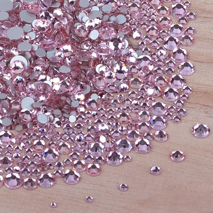 10000 Pieces Rhinestones 6 Sizes Round Crystal Glass Flat Back Rhinestones with 1Tweezers and 1Picking Pen for Nail Art Crafts Clothes Bags DIY (Pink)
