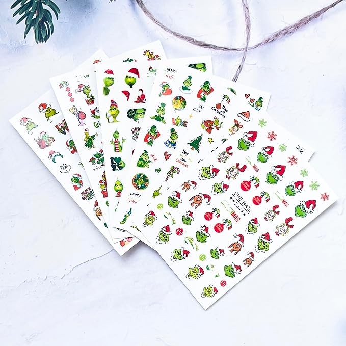 Christmas Nail Art Stickers Funny Cartoon Green Monster Design 3D Self-Adhesive Nail Decals Xmas Tree Santa Claus Acrylic Nail Decor Winter Nail DIY Manicure Accessories for Women