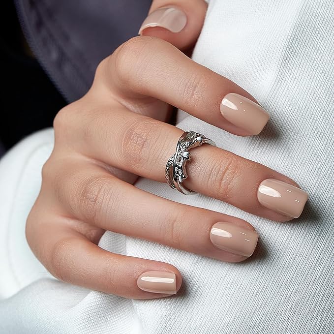 CurvLife Short Square Press On Nails, Valentine's Day Gifts Soft Gel Salon Quality Fake Nails, Nude Beige Solid Color Design, Reusable Full Cover Press Ons for Women