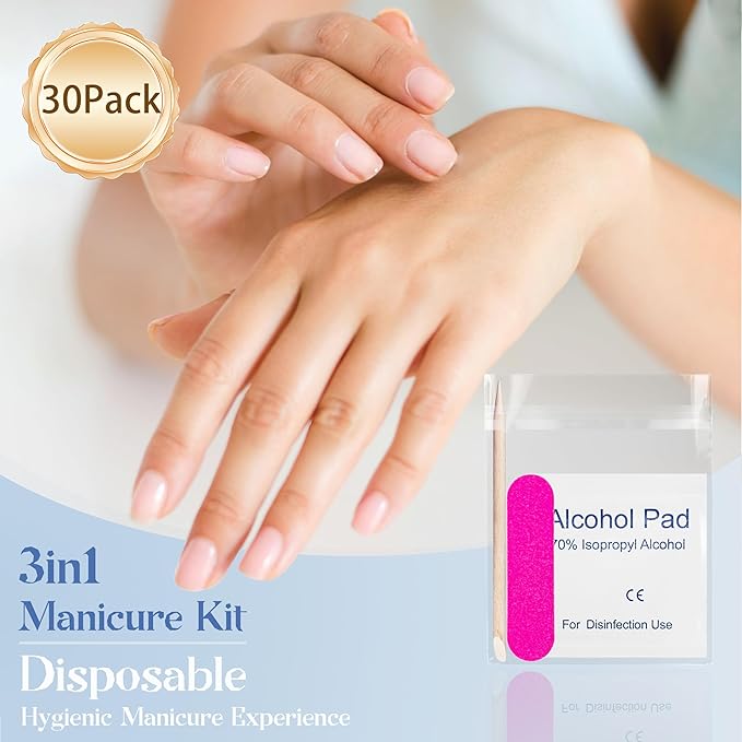 30 Pack Disposable Manicure Kit Individually Packed 3-Piece Mini Press on Nail Art Tool Prep Kit Includes Mini Nail File, Cuticle Stick, Prep Pad, 30 Sets for Salon Business Home Travel Use